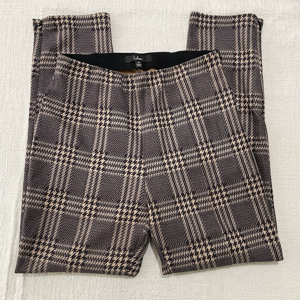 Lulus Pants Women's Medium Brown Black Houndstooth Plaid Stretch High Rise